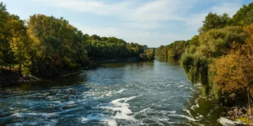 A serene river flows between green, tree-lined banks under a blue sky with light clouds.