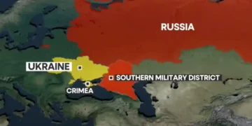 Map showing parts of Eastern Europe and Western Asia with Ukraine in yellow, Crimea in grey, and Russia in red highlighting the Southern Military District amid the ongoing Ukraine conflict.