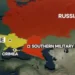 Map showing parts of Eastern Europe and Western Asia with Ukraine in yellow, Crimea in grey, and Russia in red highlighting the Southern Military District amid the ongoing Ukraine conflict.
