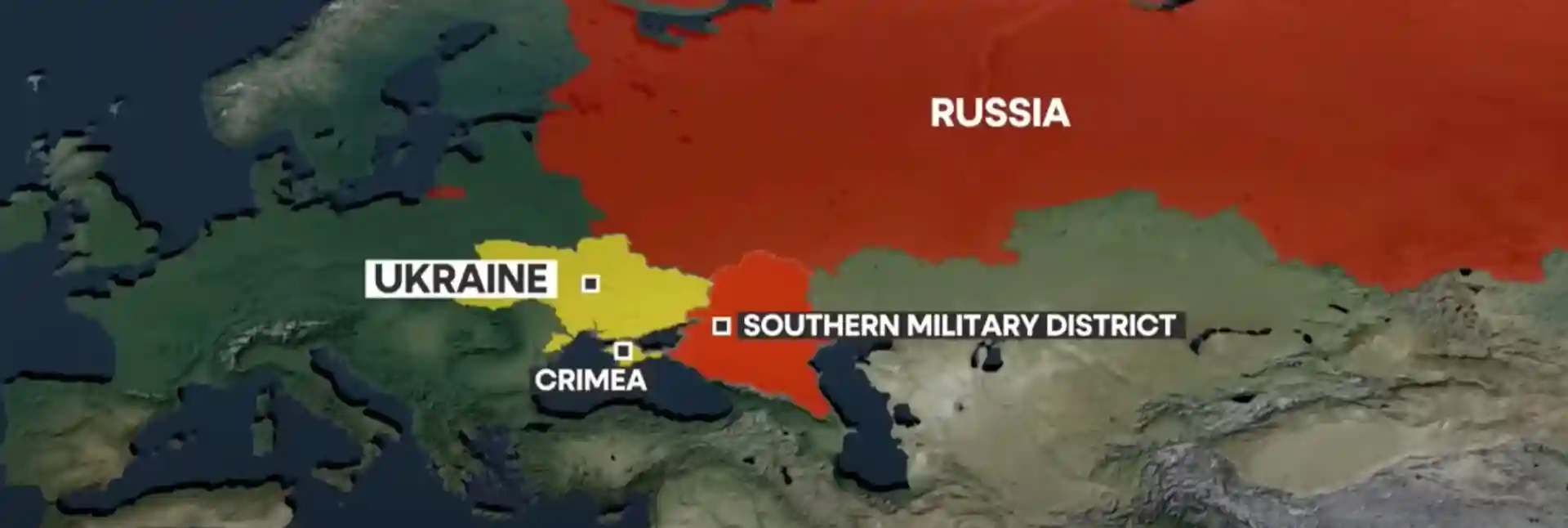 Map showing parts of Eastern Europe and Western Asia with Ukraine in yellow, Crimea in grey, and Russia in red highlighting the Southern Military District amid the ongoing Ukraine conflict.