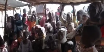 A large group of people, including children and adults, gather inside a wooden shelter with a thatched roof. Many are wearing headscarves and looking toward the camera, reflecting the ongoing Sudan crisis 2024.