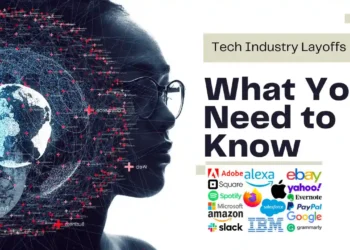 Silhouette of a person overlaid with a digital network, alongside text "Tech Industry Layoffs: What You Need to Know" and logos of major tech companies including Adobe, eBay, and Microsoft.
