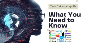 Silhouette of a person overlaid with a digital network, alongside text "Tech Industry Layoffs: What You Need to Know" and logos of major tech companies including Adobe, eBay, and Microsoft.