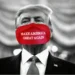A man in a suit wearing a red face mask with the words "MAKE AMERICA GREAT AGAIN" printed on it stands against a blurred, monochromatic background. The scene evokes the heightened tensions surrounding the Trump hush money guilty verdict in his historic trial.