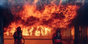 Two firefighters in full gear kneel in front of a large, intense blaze inside a structure, aiming their hoses to combat the fire.
