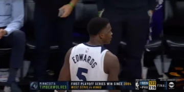 Minnesota Timberwolves player wearing jersey number 5 with "Edwards" on the back, walking on the court. Text overlay indicates the team's first playoff series win since 2004 against the Kings. Catch all the basketball highlights from this thrilling NBA 2024 season as Timberwolves vs Suns matchups take center stage.