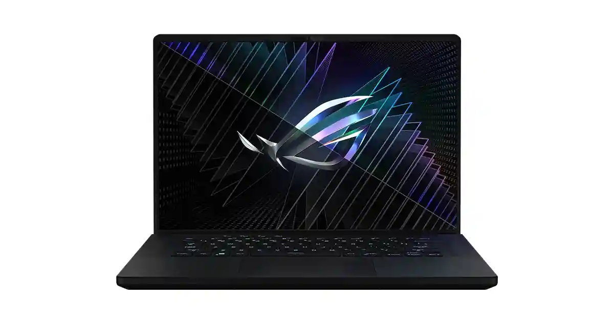 A black ASUS ROG Zephyrus G16 laptop displaying a vibrant geometric pattern with a logo in the center on its screen, perfect for performance reviews and benchmarks.