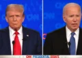Two men are standing at podiums with microphones, facing forward, during a CNN 2024 presidential debate. The background features the CNN logo repeatedly, setting the stage for Biden vs Trump as they share debate highlights.