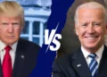 Split image of two men in suits with a "VS" in the middle. The man on the left has blond hair and a stern expression, while the man on the right has white hair and is smiling—capturing the essence of Biden vs. Trump debate rivalries.