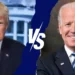 Split image of two men in suits with a "VS" in the middle. The man on the left has blond hair and a stern expression, while the man on the right has white hair and is smiling—capturing the essence of Biden vs. Trump debate rivalries.