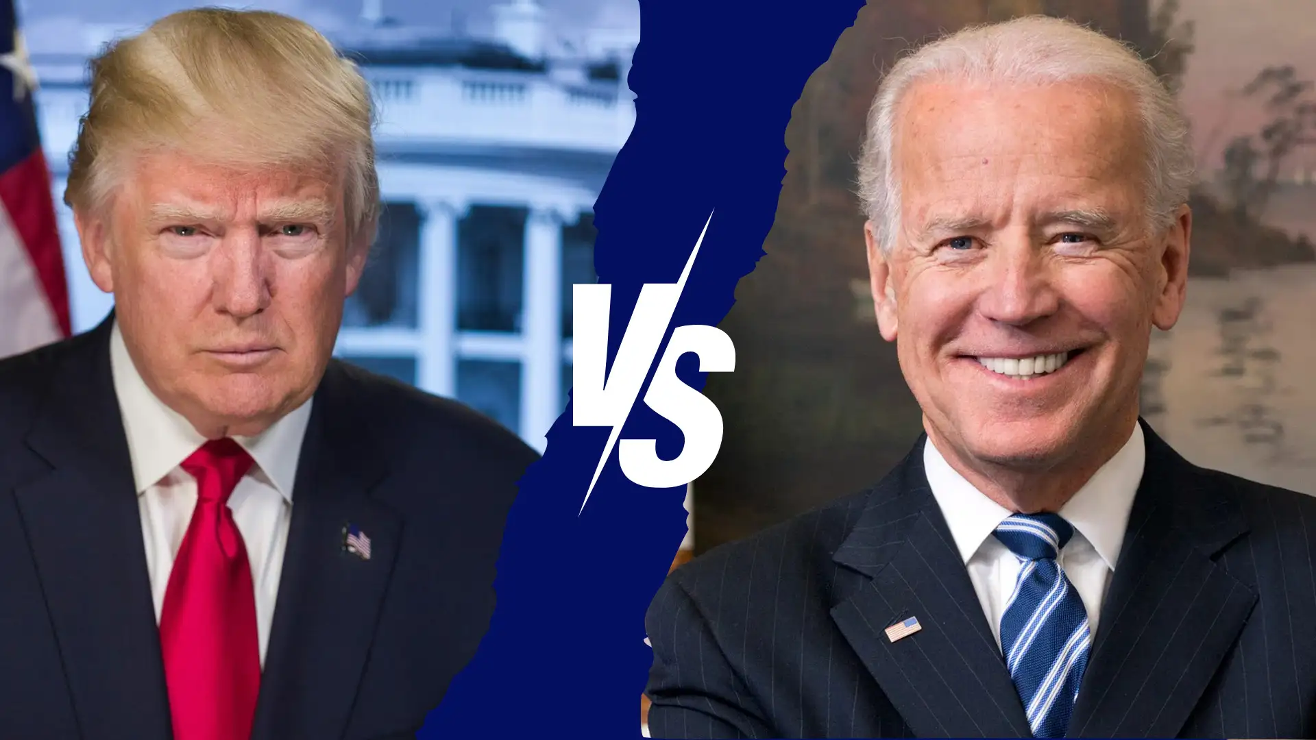Split image of two men in suits with a "VS" in the middle. The man on the left has blond hair and a stern expression, while the man on the right has white hair and is smiling—capturing the essence of Biden vs. Trump debate rivalries.