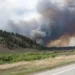 A large wildfire burns on a forested hillside, producing thick smoke that billows into the sky. The scene, indicative of California wildfire trends, is viewed from a nearby road with grassy fields in the foreground.