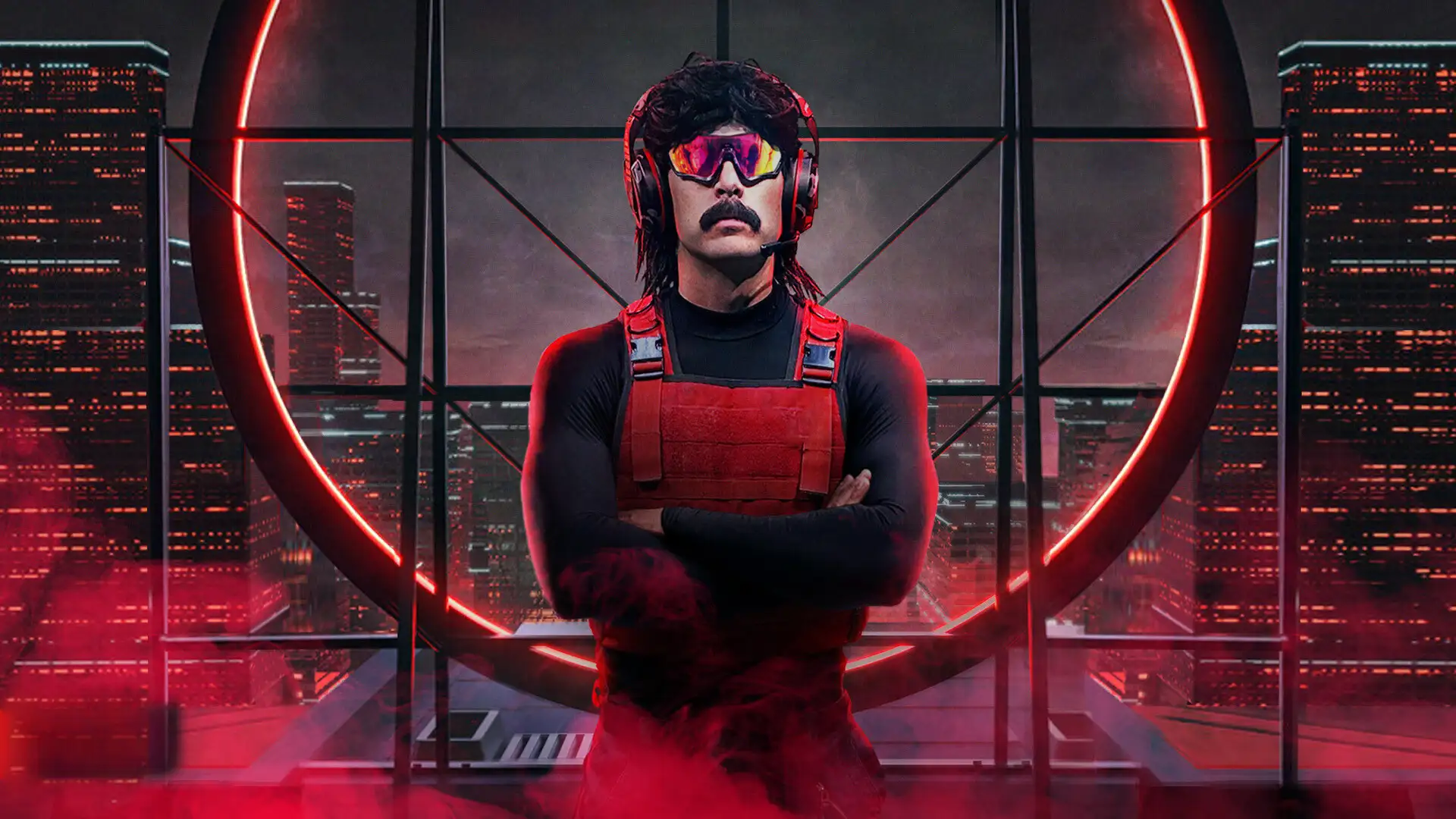 A person with a mustache and sunglasses, wearing a red vest and headphones, stands with arms crossed against a backdrop of a circular window with a city skyline illuminated in red. It’s like Dr. Disrespect after being featured in the latest gaming news, post-Twitch ban.