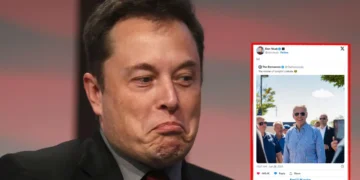 Joe Biden in a suit with a humorous expression next to a partially visible tweet from Elon Musk showing a gathering of people outdoors.