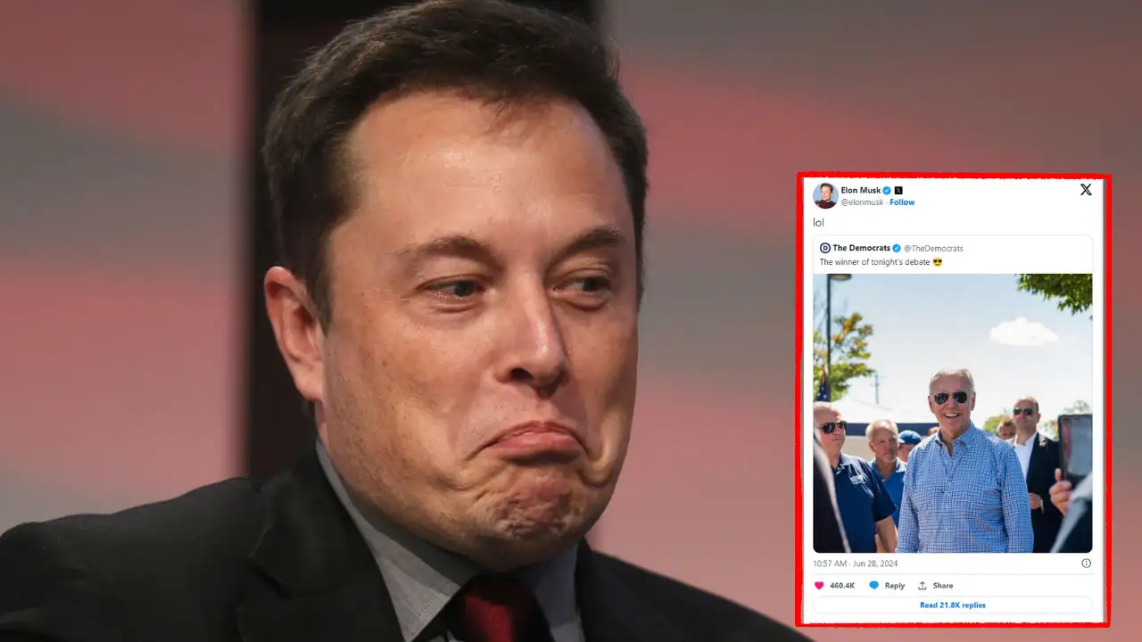 Joe Biden in a suit with a humorous expression next to a partially visible tweet from Elon Musk showing a gathering of people outdoors.