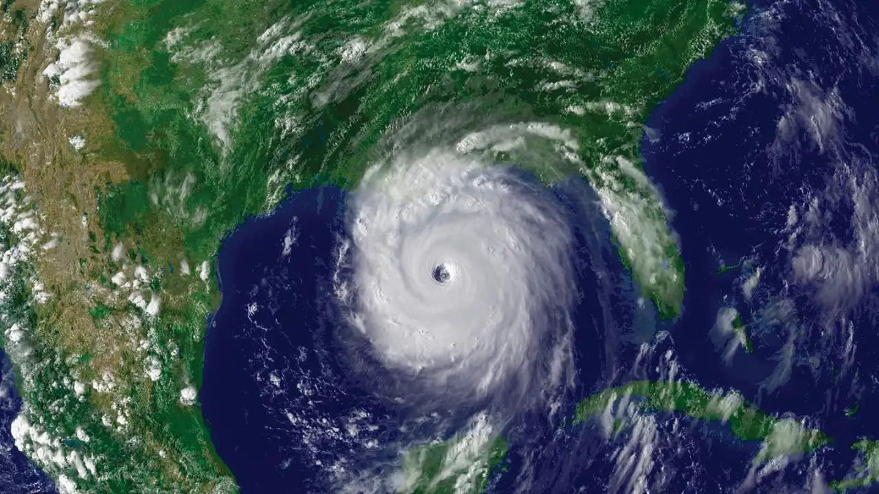 A satellite image of Hurricane Beryl forming over the Gulf of Mexico shows a well-defined eye and spiral cloud bands extending outward. The surrounding land along the Gulf Coast and ocean areas are visible, providing critical updates on this powerful storm.