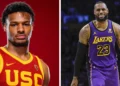 A split image of two basketball players. The left shows a player in a USC jersey with a red background, speculated to be Bronny James. The right displays a player in a Lakers jersey in an intense game setting.