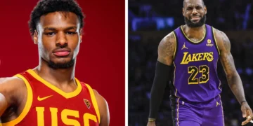 A split image of two basketball players. The left shows a player in a USC jersey with a red background, speculated to be Bronny James. The right displays a player in a Lakers jersey in an intense game setting.