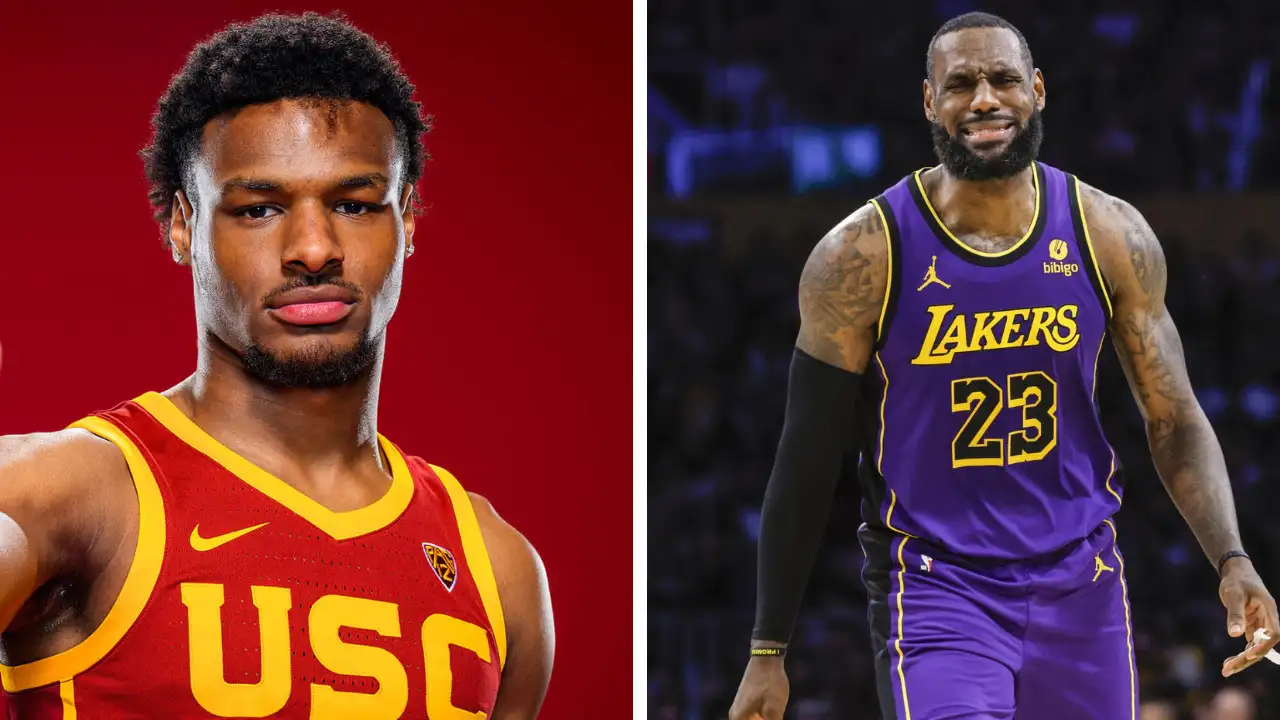 A split image of two basketball players. The left shows a player in a USC jersey with a red background, speculated to be Bronny James. The right displays a player in a Lakers jersey in an intense game setting.