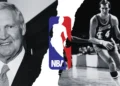 Split image with a man in a suit on the left, the NBA logo inspired by Jerry West in the center, and a basketball player dribbling in a game on the right.