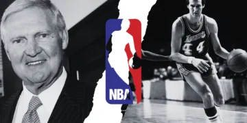Split image with a man in a suit on the left, the NBA logo inspired by Jerry West in the center, and a basketball player dribbling in a game on the right.