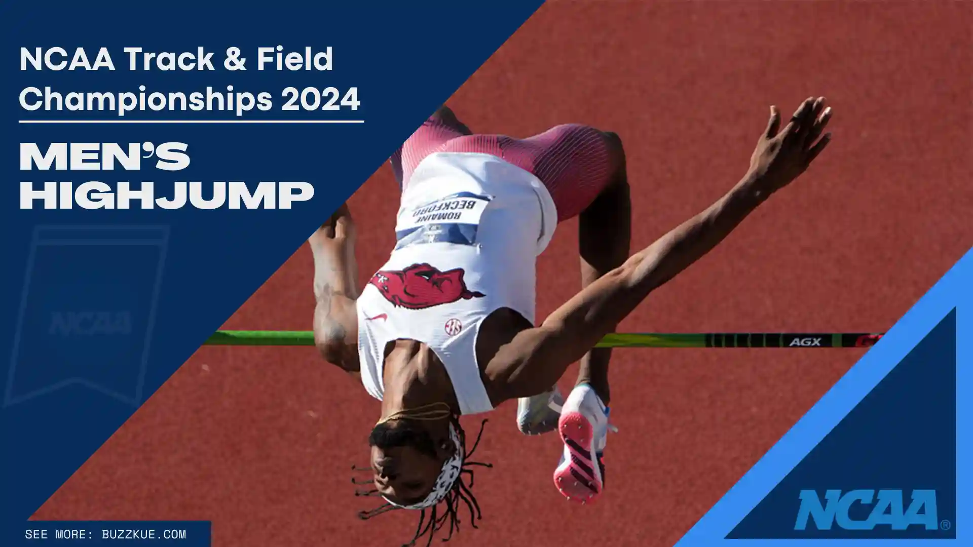 Romaine Beckford soars in mid-air as he competes in the men's high jump at the NCAA Track & Field Championships 2024.