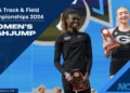 Rose Yeboah and Elena Kulichenko proudly hold their trophies on a blue podium at the NCAA Track & Field Championships 2024 Women's High Jump event.