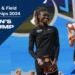 Rose Yeboah and Elena Kulichenko proudly hold their trophies on a blue podium at the NCAA Track & Field Championships 2024 Women's High Jump event.