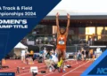 An athlete, Ackelia Smith, in mid-air during a long jump at the NCAA Track & Field Championships 2024, with "Women's X2 Jump Title" text on the image. Stadium and spectators in the background.