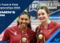 Two women in red sports uniforms hold plaques and smile at the NCAA Championships. Text on the image reads "NCAA Track & Field Championships 2024, Women's 800m, Stanford.