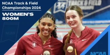 Two women in red sports uniforms hold plaques and smile at the NCAA Championships. Text on the image reads "NCAA Track & Field Championships 2024, Women's 800m, Stanford.