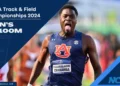 Male athlete wearing an Auburn University uniform celebrates during the Men's 4x100m Relay. Text reads: "NCAA Track & Field Championships 2024 Men's 4x100m".