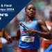 An Ole Miss athlete in a blue and red uniform runs in the Women's 4x100m relay at the NCAA Track & Field Championships 2024, holding a baton. Text on image: "Women's 4x100m.