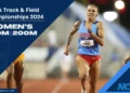 A female sprinter in a blue and red uniform runs on a track, with text promoting the NCAA Track & Field Championships 2024 for Women's 100m and 200m events, featuring standout athlete McKenzie Long.