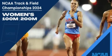 A female sprinter in a blue and red uniform runs on a track, with text promoting the NCAA Track & Field Championships 2024 for Women's 100m and 200m events, featuring standout athlete McKenzie Long.
