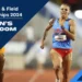 A female sprinter in a blue and red uniform runs on a track, with text promoting the NCAA Track & Field Championships 2024 for Women's 100m and 200m events, featuring standout athlete McKenzie Long.
