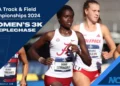 A group of female runners competing in the Women's 3K Steeplechase at the NCAA Track & Field Championships 2024, aiming for an NCAA record. The runner in the foreground wears a red and white uniform with "Doris Lemngole.