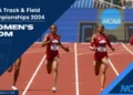 Four female athletes are sprinting down the track in the Women's 400m event at the NCAA Track & Field Championships 2024, with two runners from Arkansas setting an impressive pace and a potential collegiate record.