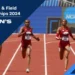 Four female athletes are sprinting down the track in the Women's 400m event at the NCAA Track & Field Championships 2024, with two runners from Arkansas setting an impressive pace and a potential collegiate record.