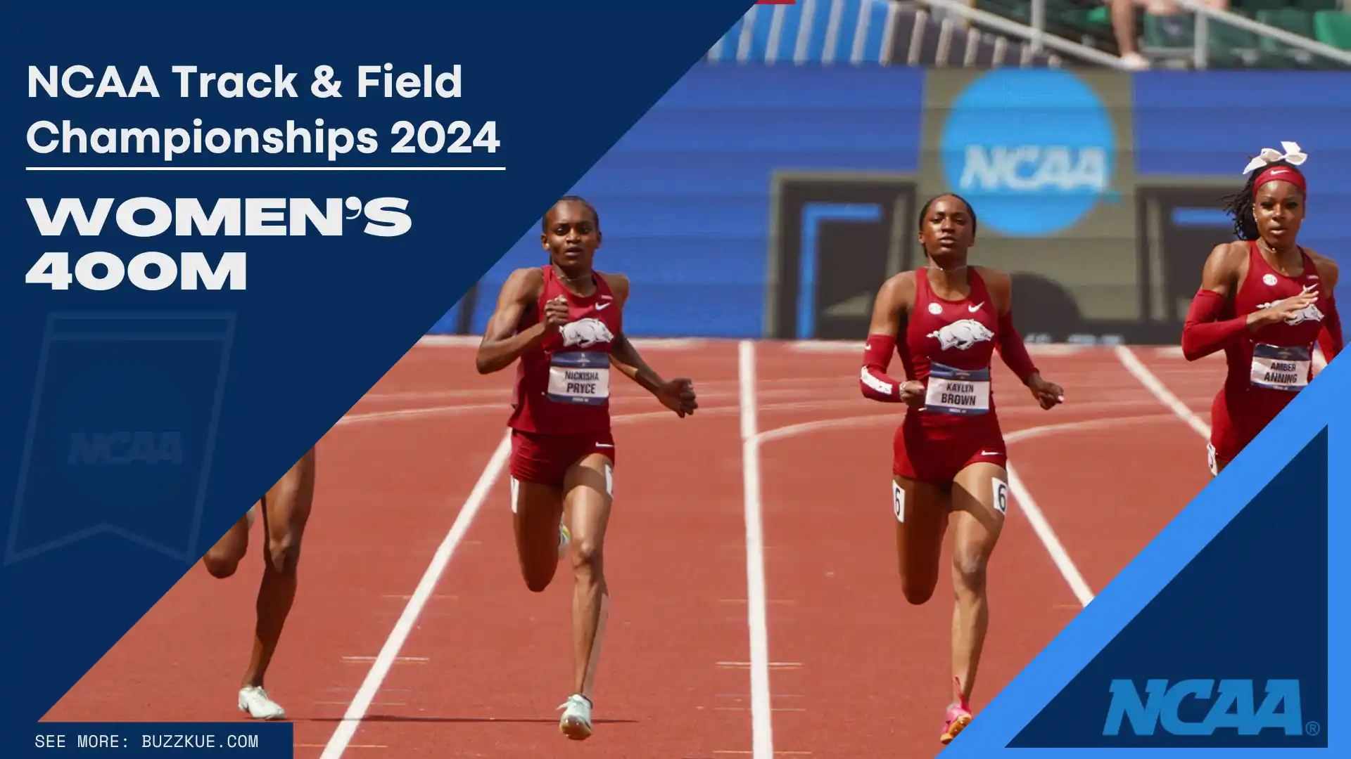 Four female athletes are sprinting down the track in the Women's 400m event at the NCAA Track & Field Championships 2024, with two runners from Arkansas setting an impressive pace and a potential collegiate record.