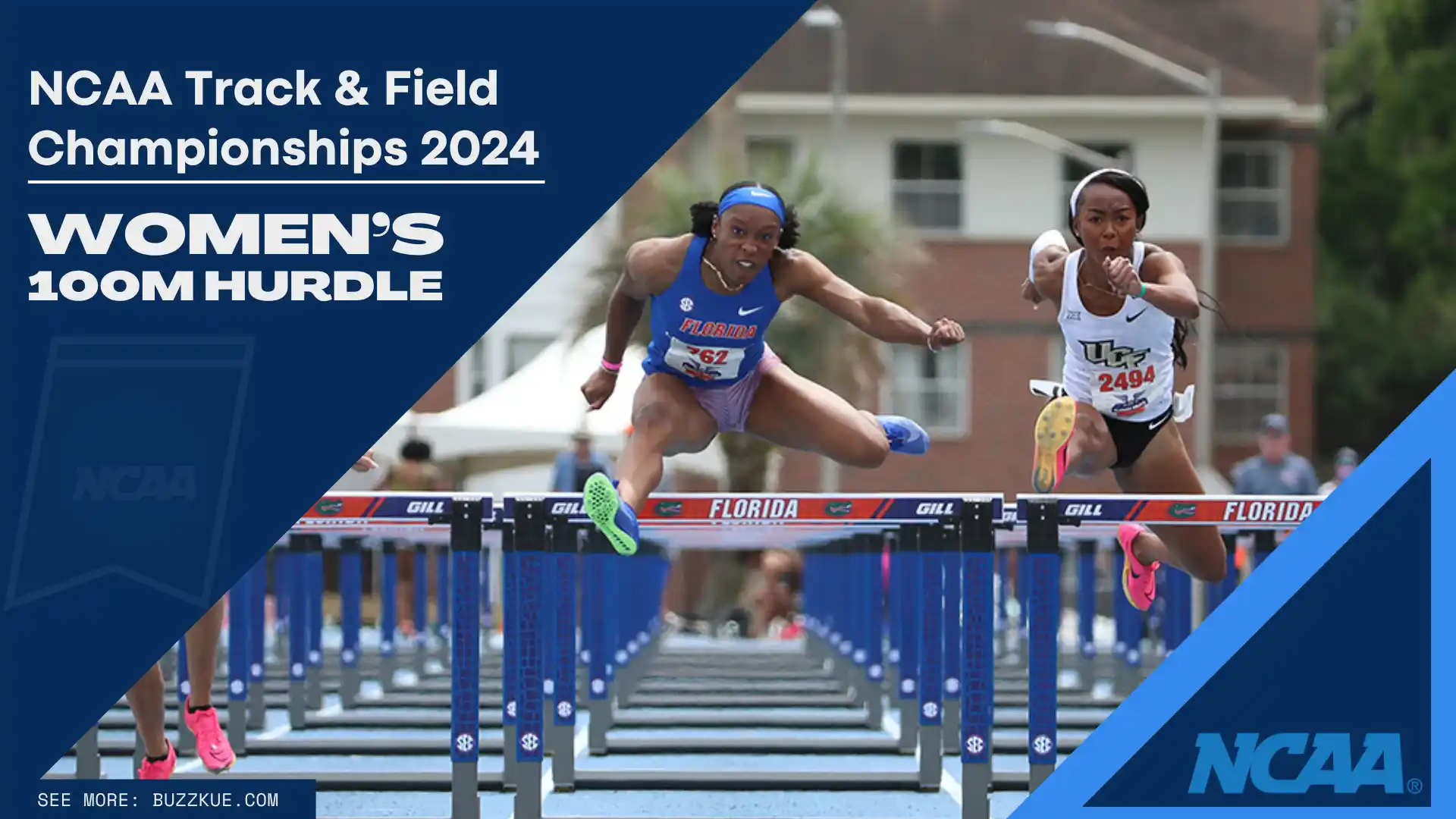 Two female athletes are competing in the NCAA Women's 100m Hurdles at the Track & Field Championships 2024. They are mid-air, jumping over hurdles, showcasing their incredible athleticism and determination.