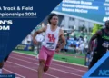 Athletes, including Louie Hinchliffe, sprinting on track during the NCAA Championships 2024, Men's 100m, aiming to break the elusive 10-second barrier.