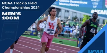 Athletes, including Louie Hinchliffe, sprinting on track during the NCAA Championships 2024, Men's 100m, aiming to break the elusive 10-second barrier.