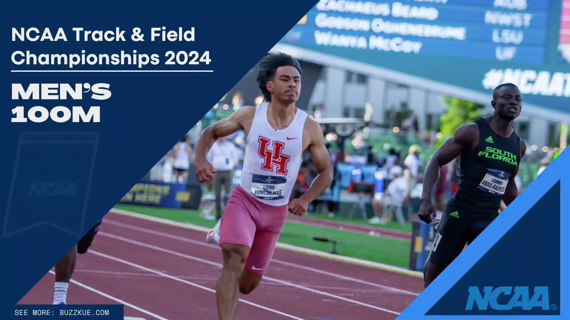 Athletes, including Louie Hinchliffe, sprinting on track during the NCAA Championships 2024, Men's 100m, aiming to break the elusive 10-second barrier.