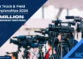 The image shows a group of cameras set up at a media event. A banner states "NCAA Track & Field Championships 2024" and announces a "1.7 MILLION VIEWERSHIP RECORD.