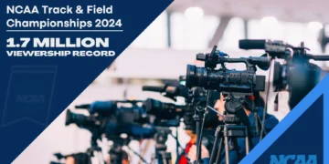 The image shows a group of cameras set up at a media event. A banner states "NCAA Track & Field Championships 2024" and announces a "1.7 MILLION VIEWERSHIP RECORD.