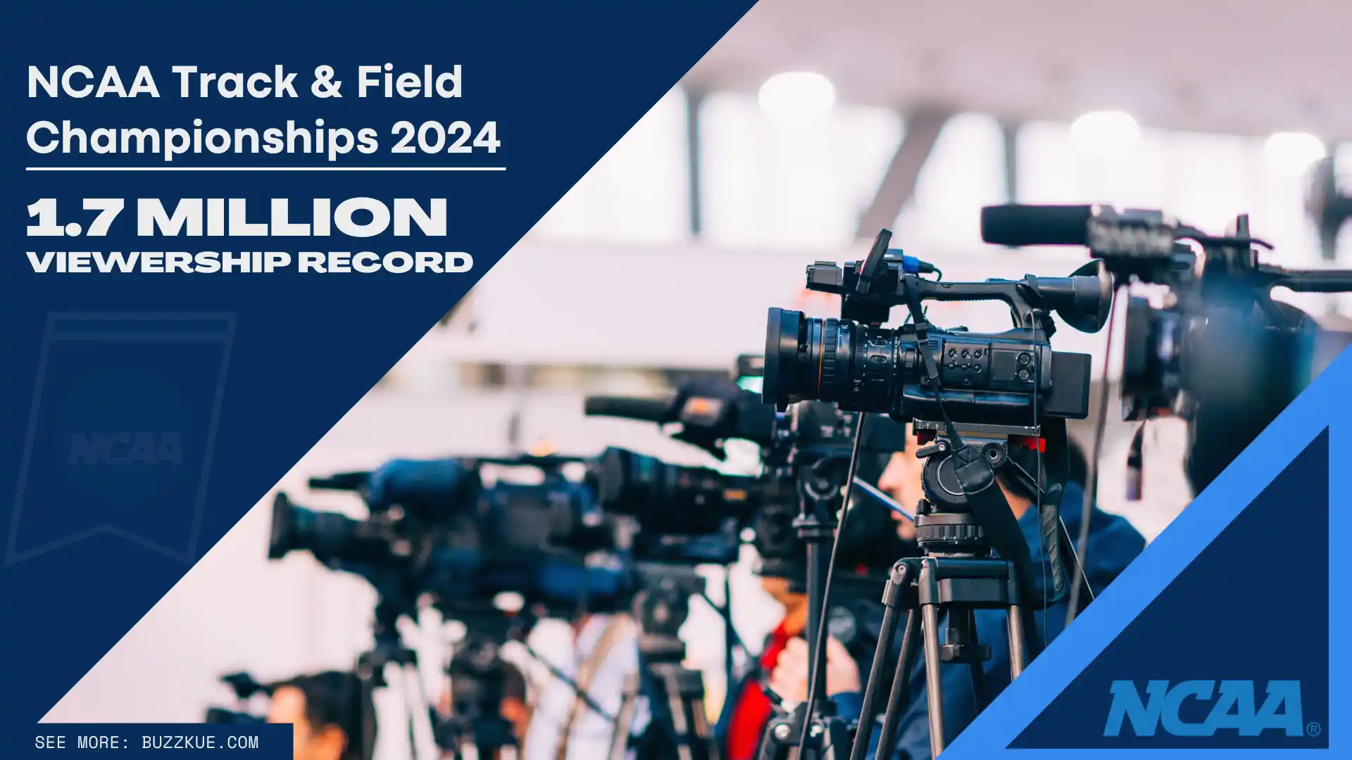 The image shows a group of cameras set up at a media event. A banner states "NCAA Track & Field Championships 2024" and announces a "1.7 MILLION VIEWERSHIP RECORD.
