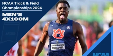 Male athlete wearing an Auburn University uniform celebrates during the Men's 4x100m Relay. Text reads: "NCAA Track & Field Championships 2024 Men's 4x100m".