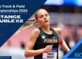 A female athlete from Florida, wearing a black uniform with "Florida" written on it, competes in a distance running event at the NCAA Track & Field Championships 2024. Text reads, "Distance Double x2" and "Parker Valby 5000m," showcasing her prowess in collegiate athletics.