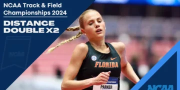 A female athlete from Florida, wearing a black uniform with "Florida" written on it, competes in a distance running event at the NCAA Track & Field Championships 2024. Text reads, "Distance Double x2" and "Parker Valby 5000m," showcasing her prowess in collegiate athletics.
